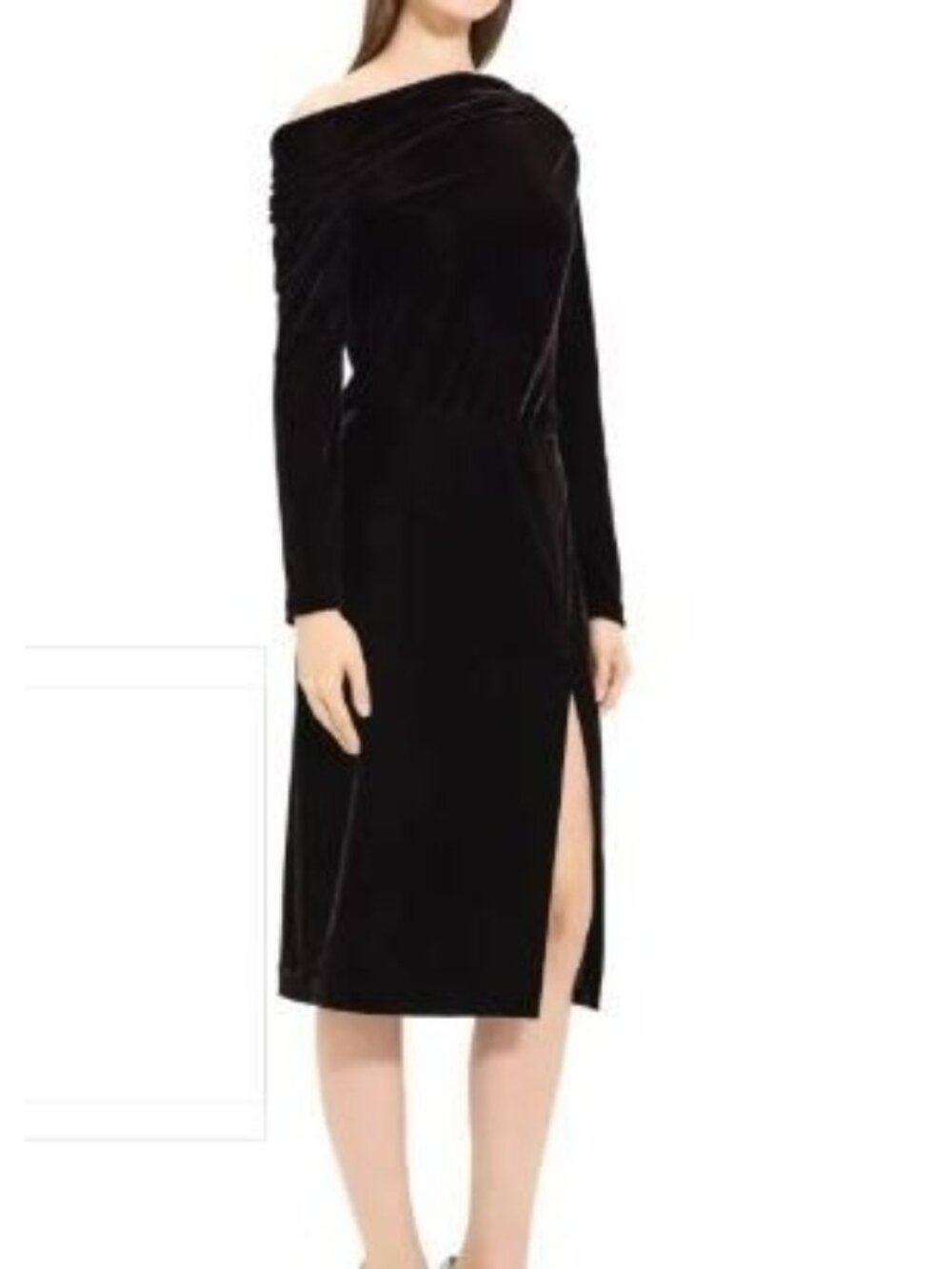 Theory Women's 2 Black Velvet Off Shoulder Draped Midi Dress Slit NWOT Occasion